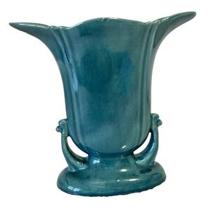 50s Miltonvale Pottery Kansas Turquoise Blue Scalloped Planter Vase Shinny 7 EUC